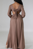 Green Elegant Solid Color Hollow Out V Neck Long Dresses