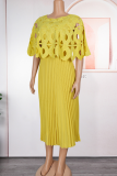 Yellow Elegant Solid Color Pleated O Neck Long Plus Size Dresses