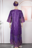 Blue Casual Solid Color Hot Drill O Neck Long Plus Size Dresses