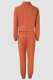 Orange Casual Solid Color Zipper Zipper Collar Long Sleeve Two Pieces