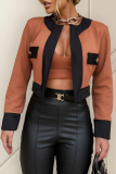 Brown Casual Solid Color Contrast Cardigan Collar Long Sleeve Two Pieces