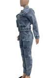 Blue Casual Solid Color Pocket Turndown Collar Long Sleeve Two Pieces