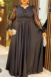 Black Elegant Solid Color Sequins O Neck Long Plus Size Dresses
