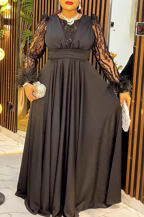 Black Elegant Solid Color Sequins O Neck Long Plus Size Dresses