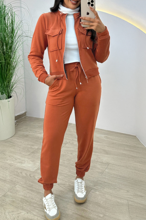 Orange Casual Solid Color Zipper Zipper Collar Long Sleeve Two Pieces