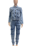 Blue Casual Solid Color Pocket Turndown Collar Long Sleeve Two Pieces