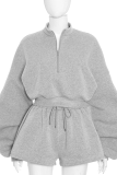 Grey Casual Solid Color Zipper Zipper Collar Long Sleeve Two Pieces