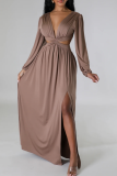 Green Elegant Solid Color Hollow Out V Neck Long Dresses