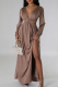 Brownness Elegant Solid Color Hollow Out V Neck Long Dresses