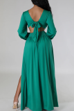 Green Elegant Solid Color Hollow Out V Neck Long Dresses