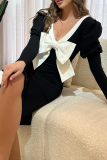 Black Elegant Bow Contrast V Neck Wrapped Skirt Dresses