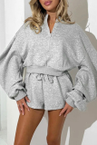Grey Casual Solid Color Zipper Zipper Collar Long Sleeve Two Pieces