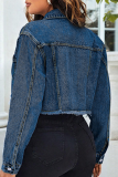 Deep Blue Casual Solid Color Buckle Turndown Collar Long Sleeve Straight Denim Jacket