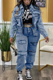Blue Casual Solid Color Pocket Turndown Collar Long Sleeve Two Pieces