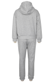 Grey Casual Solid Color Pocket Hooded Long Sleeve Two Pieces