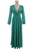 Green Elegant Solid Color Hollow Out V Neck Long Dresses