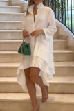 White Casual Solid Color Buckle Irregular Mandarin Collar Irregular Dresses
