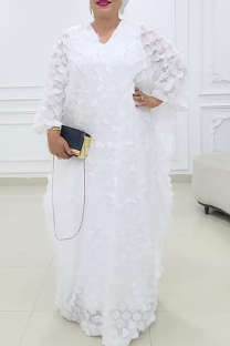 White Casual Rhombus Patchwork V Neck Long Dresses