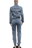Blue Casual Solid Color Pocket Turndown Collar Long Sleeve Two Pieces