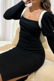 Black Elegant Bow Contrast V Neck Wrapped Skirt Dresses