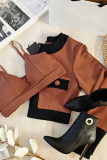 Brown Casual Solid Color Contrast Cardigan Collar Long Sleeve Two Pieces