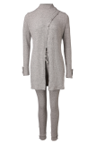 Cream White Casual Solid Color Buckle Turtleneck Long Sleeve Two Pieces