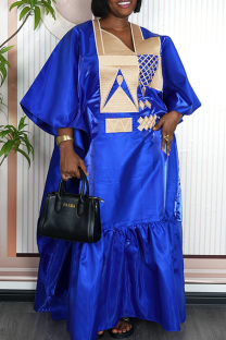 Blue Casual Embroidery Contrast V Neck Long Dresses