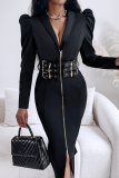 Black Casual Solid Color Zipper Turndown Collar Wrapped Skirt Dresses
