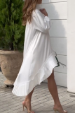 White Casual Solid Color Buckle Irregular Mandarin Collar Irregular Dresses