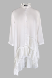 White Casual Solid Color Buckle Irregular Mandarin Collar Irregular Dresses