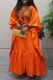 Orange Casual Embroidery Contrast V Neck Long Dresses