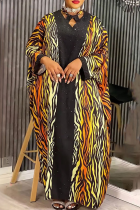 Black Casual Leopard Print Contrast V Neck Long Dresses