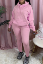 Pink Casual Solid Color Pocket Hooded Long Sleeve Two Pieces