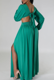 Green Elegant Solid Color Hollow Out V Neck Long Dresses