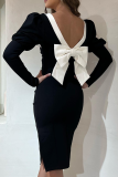 Black Elegant Bow Contrast V Neck Wrapped Skirt Dresses