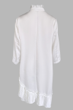 White Casual Solid Color Buckle Irregular Mandarin Collar Irregular Dresses