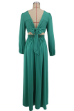 Green Elegant Solid Color Hollow Out V Neck Long Dresses