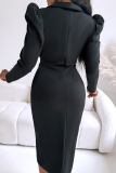 Black Casual Solid Color Zipper Turndown Collar Wrapped Skirt Dresses