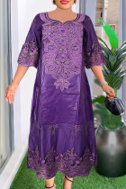 Purple Casual Solid Color Hot Drill O Neck Long Plus Size Dresses