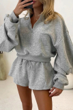 Grey Casual Solid Color Zipper Zipper Collar Long Sleeve Two Pieces