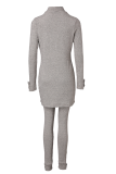 Cream White Casual Solid Color Buckle Turtleneck Long Sleeve Two Pieces