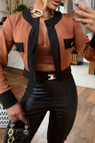 Brown Casual Solid Color Contrast Cardigan Collar Long Sleeve Two Pieces