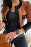 Brown Casual Solid Color Contrast Cardigan Collar Long Sleeve Two Pieces