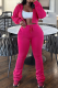 Rose Red Casual Solid Color Draw String Hooded Long Sleeve Two Pieces