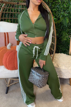 Green Casual Stripe Contrast Hooded Long Sleeve Two Pieces