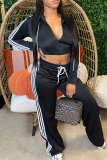 Red Casual Stripe Contrast Hooded Long Sleeve Two Pieces