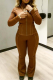 Dark Brown Casual Solid Color Zipper Zipper Collar Long Sleeve Two Pieces
