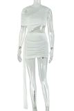 White Sexy Solid Color Hollow Out O Neck Wrapped Skirt Dresses