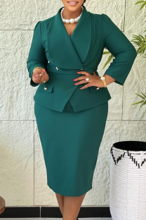 Malachite Green Elegant Solid Color Patchwork Turndown Collar Wrapped Skirt Dresses