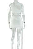 White Sexy Solid Color Hollow Out O Neck Wrapped Skirt Dresses